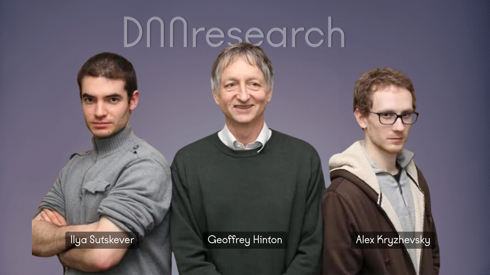 Graphic portrait featuring the three members of DNNresearch—Ilya Sutskever, Geoffrey Hinton, and Alex Krizhevsky—standing side by side against a dark background with "DNNresearch" written behind them.